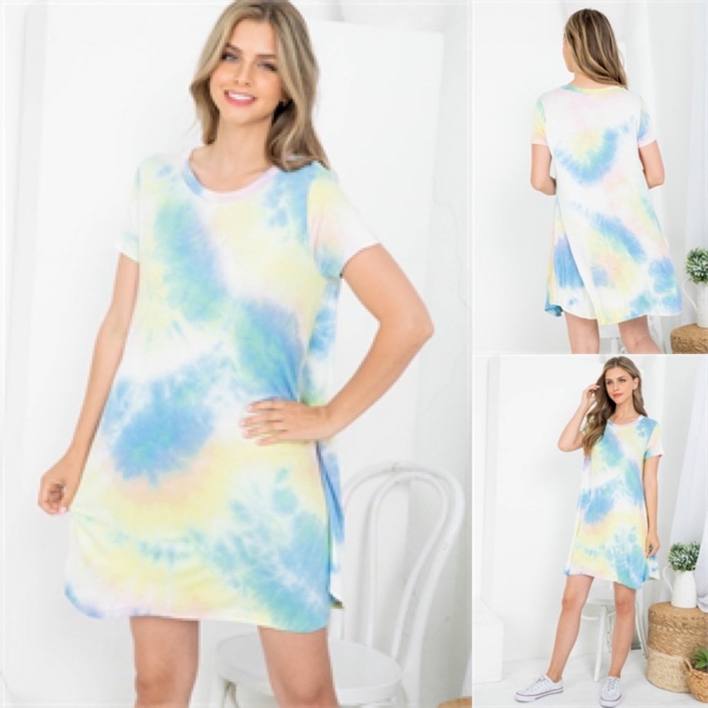 S M L PINK BLUE TIE DYE ROUND NECKLINE SHIRT DRESS